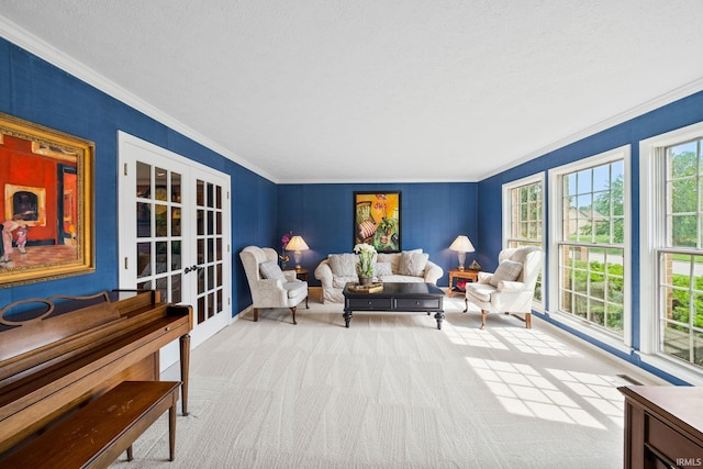 51803 Foxdale Ln, Granger, IN 46530 - living room with crown molding, carpet flooring, and french doors