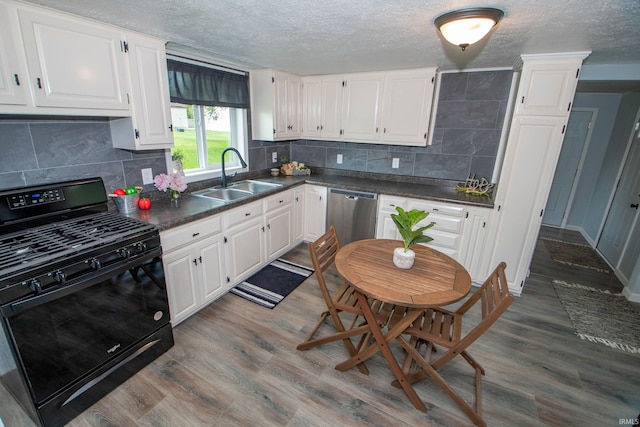57005 Southshore Dr, Osceola, IN 46561 - kitchen with black gas stove, stainless steel dishwasher, a sink, dark countertops, and white cabinets