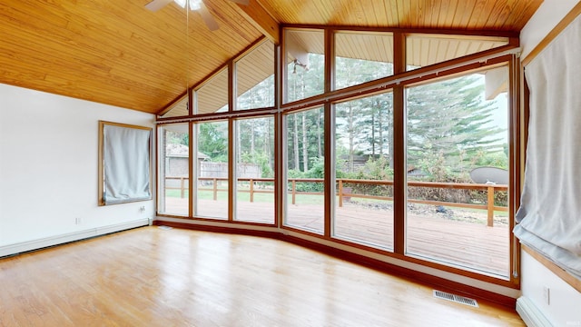 7333 W Newton Stewart Rd, Taswell, IN 47175 - unfurnished sunroom featuring plenty of natural light, wood ceiling, baseboard heating, a baseboard radiator, and wood finished floors