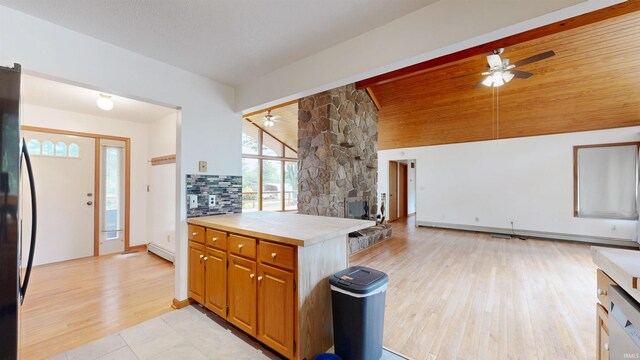 7333 W Newton Stewart Rd, Taswell, IN 47175 - kitchen featuring a ceiling fan, baseboard heating, dishwashing machine, refrigerator, and lofted ceiling