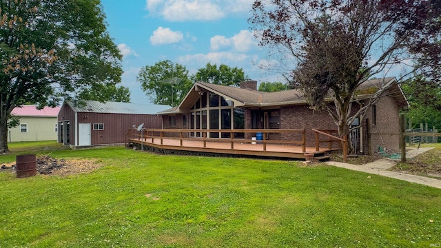 7333 W Newton Stewart Rd, Taswell, IN 47175 - rear view of property featuring a wooden deck, a yard, brick siding, and a chimney