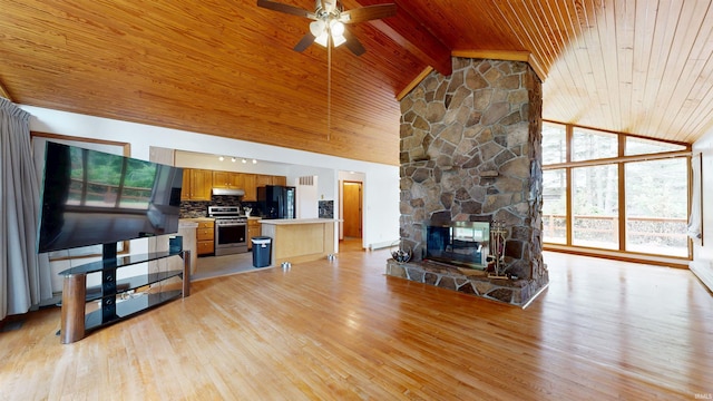 7333 W Newton Stewart Rd, Taswell, IN 47175 - living room featuring wood ceiling with exposed beams, light wood-style flooring, ceiling fan, a fireplace, and high vaulted ceiling