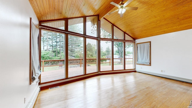 7333 W Newton Stewart Rd, Taswell, IN 47175 - spare room featuring plenty of natural light, wood ceiling with exposed beams, ceiling fan, light wood finished floors, and high vaulted ceiling