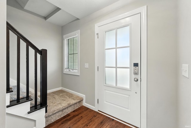 1308 Hideaway Dr, Auburn, IN 46706 - doorway featuring stairway, dark wood finished floors, plenty of natural light, and baseboards