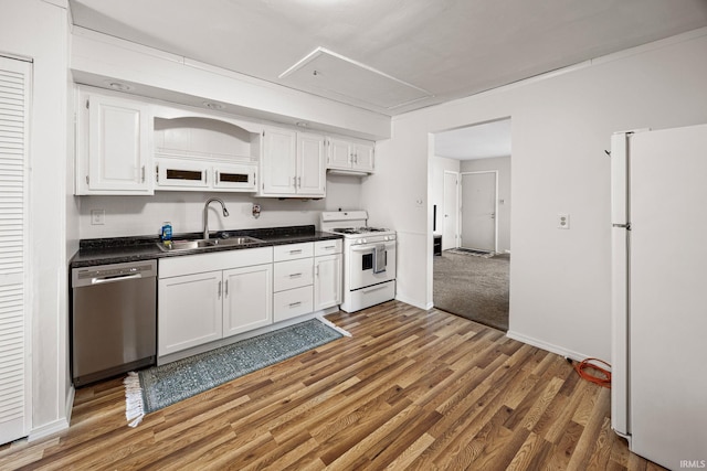 1330 Helmen Dr, South Bend, IN 46615 - kitchen with white appliances, a sink, white cabinetry, and wood finished floors