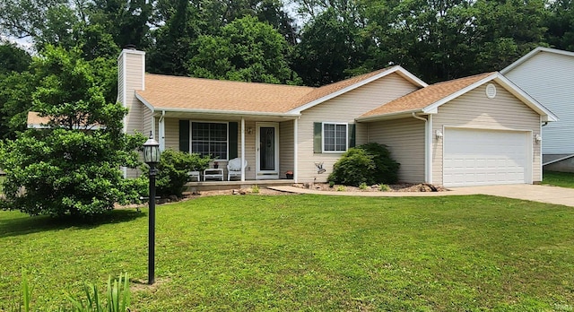 12 Vicki Dr, Vincennes, IN 47591 - single story home featuring a porch, an attached garage, a chimney, a front lawn, and concrete driveway