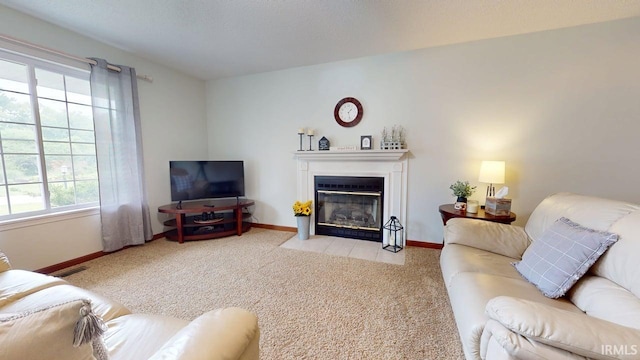 12 Vicki Dr, Vincennes, IN 47591 - carpeted living area with a fireplace with flush hearth and baseboards