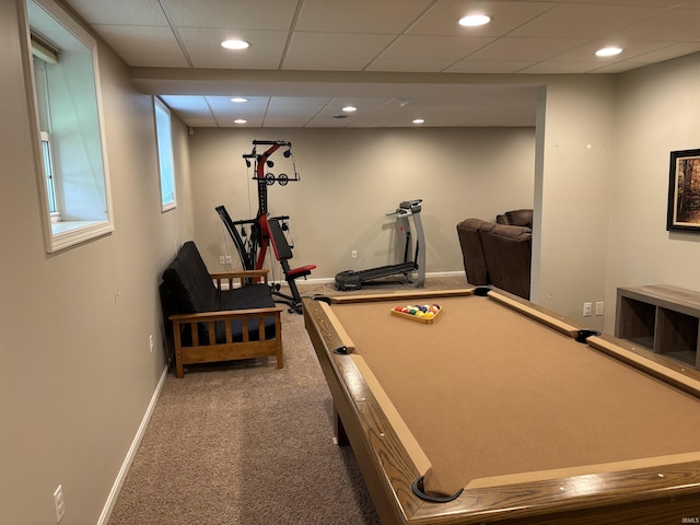 39 Hannah Ln, Jasper, IN 47546 - playroom featuring carpet floors, baseboards, pool table, recessed lighting, and a paneled ceiling
