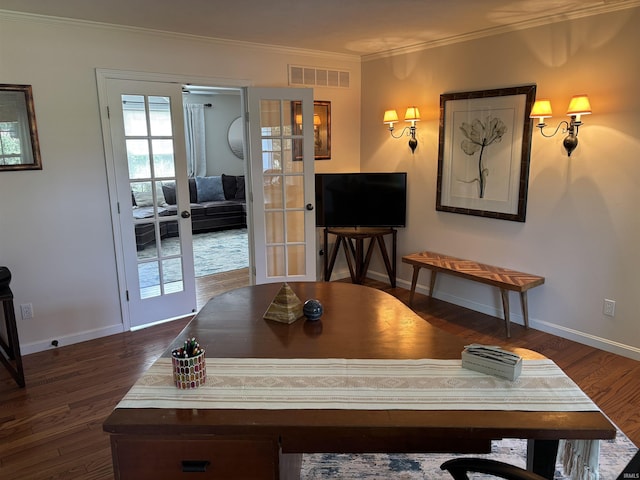 39 Hannah Ln, Jasper, IN 47546 - dining space featuring french doors, dark wood-style floors, baseboards, and crown molding