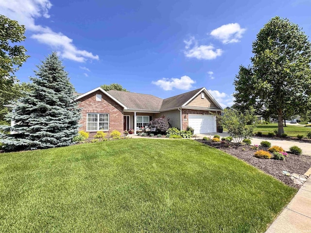 4691 Flagship Ln, Lafayette, IN 47909 - ranch-style house with brick siding, a front yard, a garage, and driveway