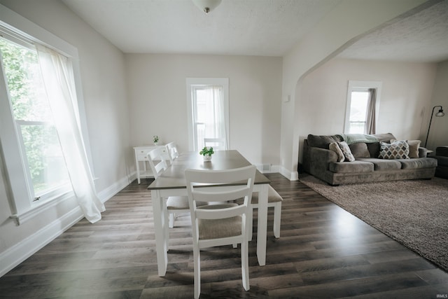 1014 W 7th St, Mishawaka, IN 46544 - dining room with baseboards, arched walkways, dark wood-type flooring, and a textured ceiling