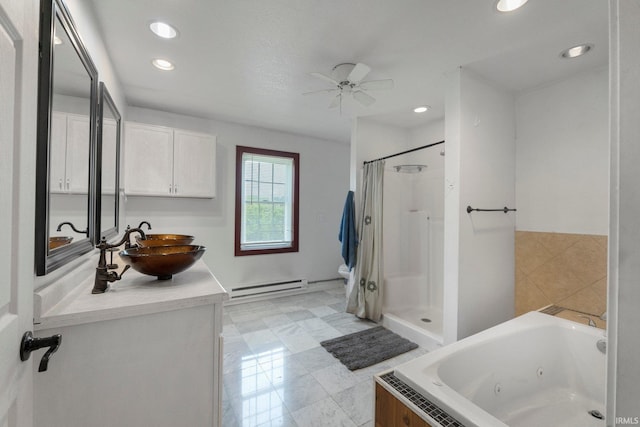 2890 W 400 N, Columbia City, IN 46725 - bathroom with a baseboard radiator, a whirlpool tub, vanity, ceiling fan, and recessed lighting