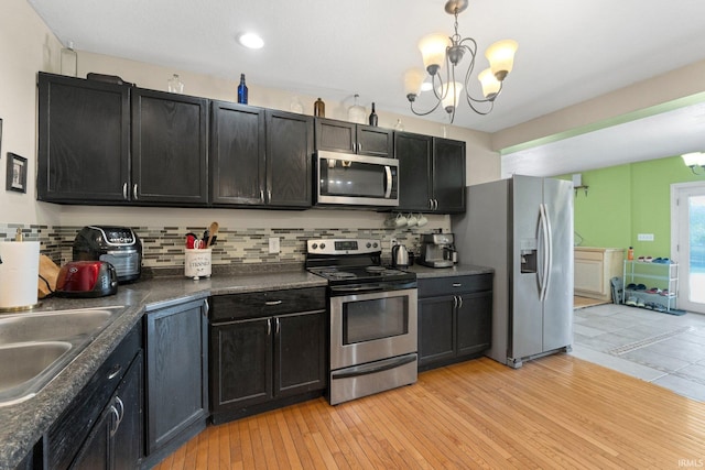 2890 W 400 N, Columbia City, IN 46725 - kitchen featuring appliances with stainless steel finishes, a chandelier, backsplash, and dark cabinets