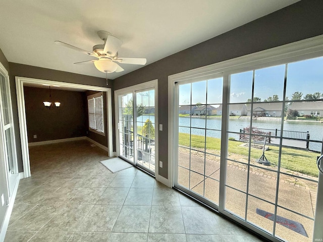 9820 Arbor Lake Dr, Newburgh, IN 47630 - unfurnished sunroom featuring a water view and a chandelier