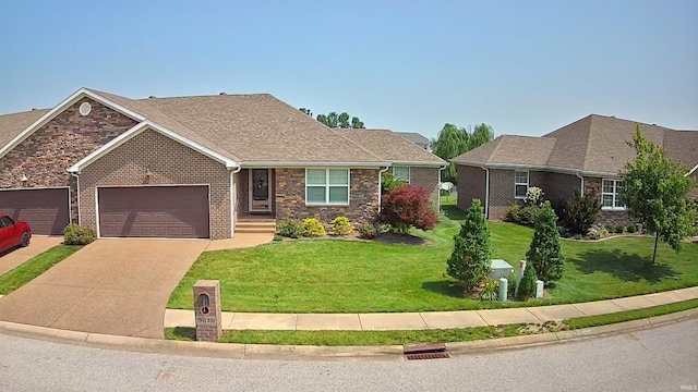 9820 Arbor Lake Dr, Newburgh, IN 47630 - view of front of property with an attached garage, a front yard, concrete driveway, brick siding, and stone siding