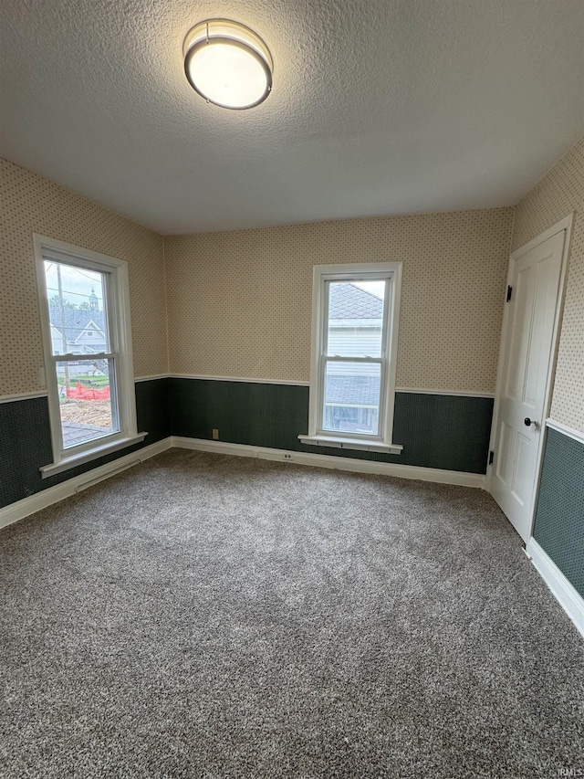 241 W Tipton St, Huntington, IN 46750 - unfurnished room with wallpapered walls, carpet flooring, healthy amount of natural light, a textured ceiling, and wainscoting