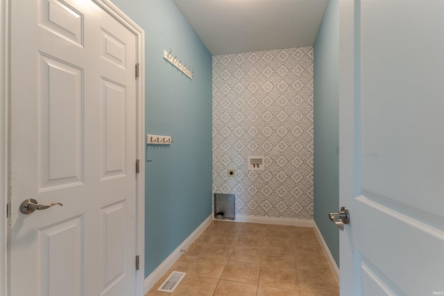 7655 Briar Ct, Newburgh, IN 47630 - laundry area with electric dryer hookup, hookup for a washing machine, light tile patterned floors, and wallpapered walls