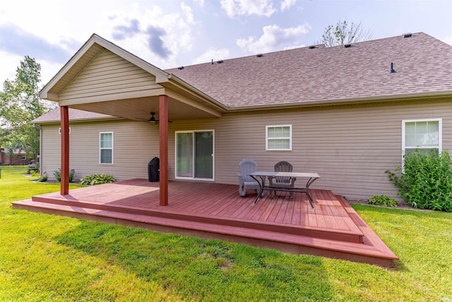 7655 Briar Ct, Newburgh, IN 47630 - rear view of house featuring a shingled roof, ceiling fan, a yard, and a wooden deck