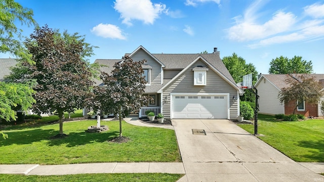 822 Upland Ridge Dr, Fort Wayne, IN 46825 - traditional-style home featuring a front yard, concrete driveway, a garage, roof with shingles, and a chimney