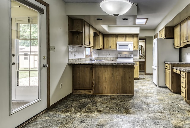 2560 E Maple Dr, Bluffton, IN 46714 - kitchen with white appliances, backsplash, a peninsula, open shelves, and light stone finish flooring