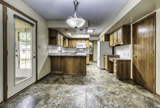 2560 E Maple Dr, Bluffton, IN 46714 - kitchen with white appliances, a peninsula, stone finish floors, open shelves, and a textured ceiling