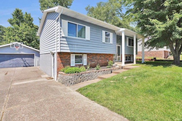 7244 Oaklawn Dr, Newburgh, IN 47630 - raised ranch with a detached garage, a front lawn, an outdoor structure, and brick siding