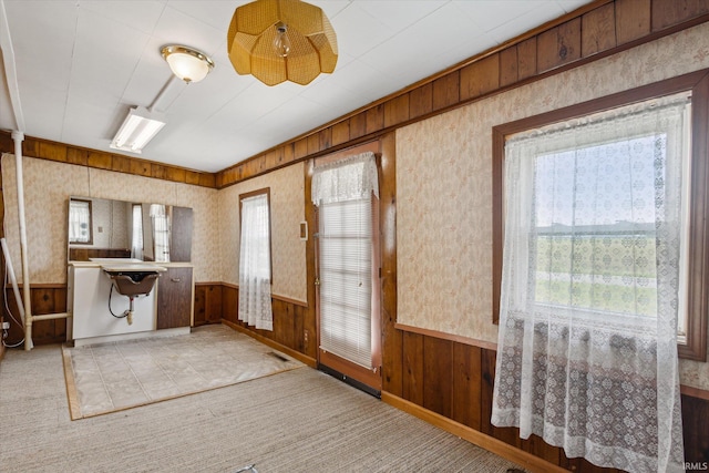 29351 Darden Rd, New Carlisle, IN 46552 - kitchen featuring wooden walls, carpet, and wainscoting