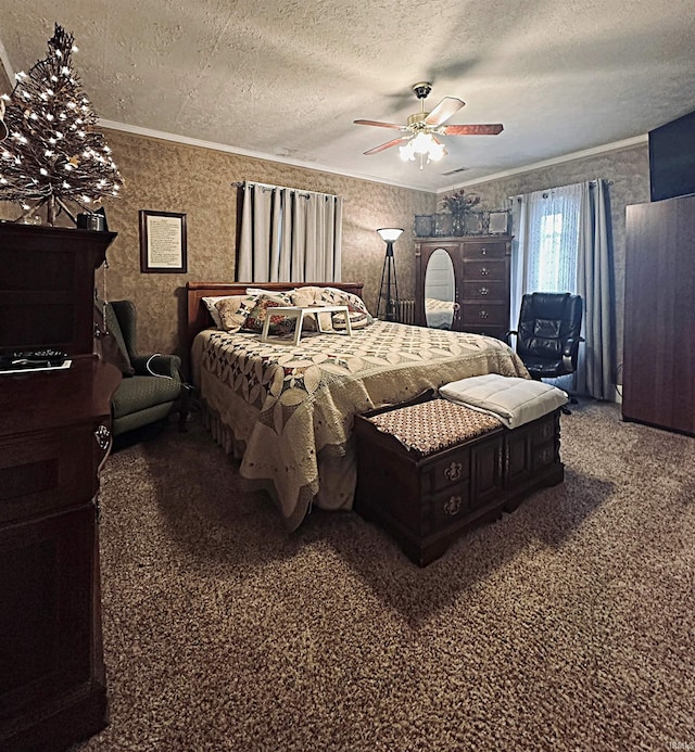 715 SE 2nd St, Washington, IN 47501 - carpeted bedroom with a textured ceiling, ornamental molding, and a ceiling fan