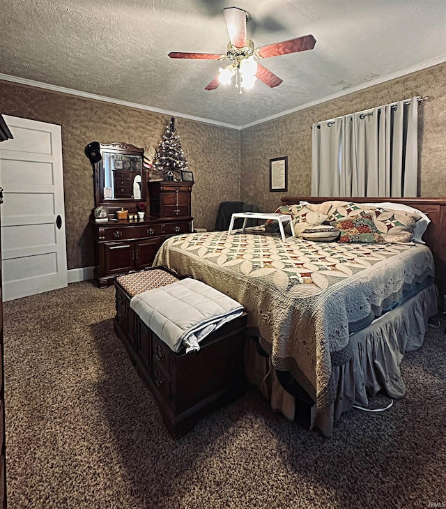715 SE 2nd St, Washington, IN 47501 - bedroom featuring dark carpet, ornamental molding, ceiling fan, and a textured ceiling