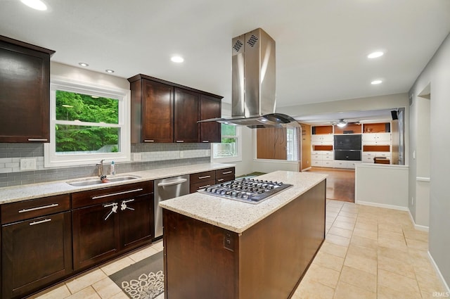5820 Rosedale Dr, Fort Wayne, IN 46804 - kitchen featuring island range hood, stainless steel appliances, light tile patterned floors, a ceiling fan, and recessed lighting