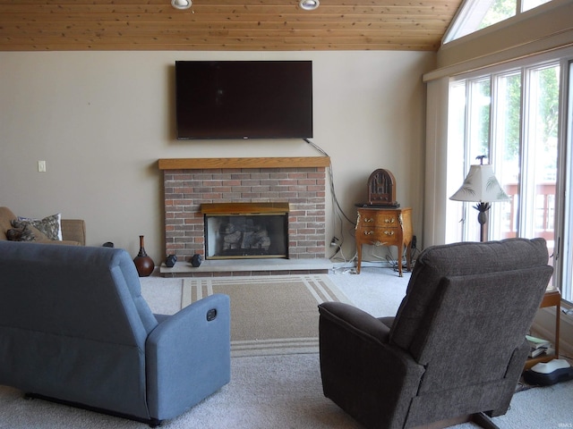 2910 Country Club Dr, Rochester, IN 46975 - living room featuring carpet flooring, a fireplace, wood ceiling, and vaulted ceiling