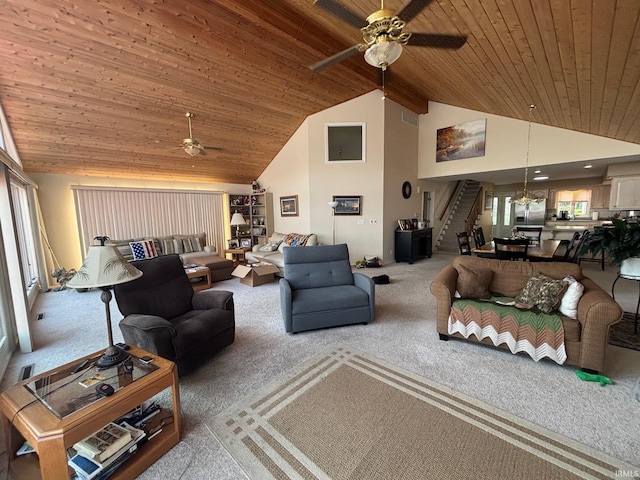 2910 Country Club Dr, Rochester, IN 46975 - living area featuring a ceiling fan, wooden ceiling, carpet, high vaulted ceiling, and healthy amount of natural light