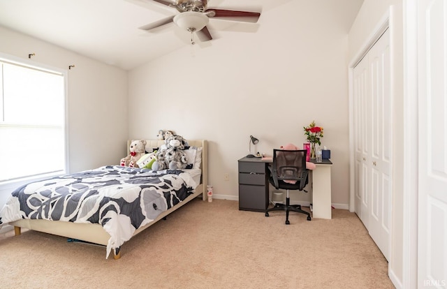 1250 W Adams Hill Cir Unit 104, Bloomington, IN 47403 - bedroom featuring lofted ceiling, carpet, a closet, and ceiling fan