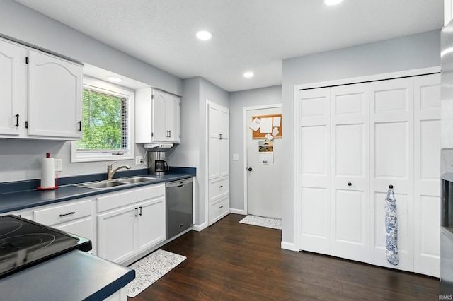 10412 Kentfield Pl, Fort Wayne, IN 46818 - kitchen with dishwasher, white cabinets, recessed lighting, dark countertops, and dark wood-type flooring