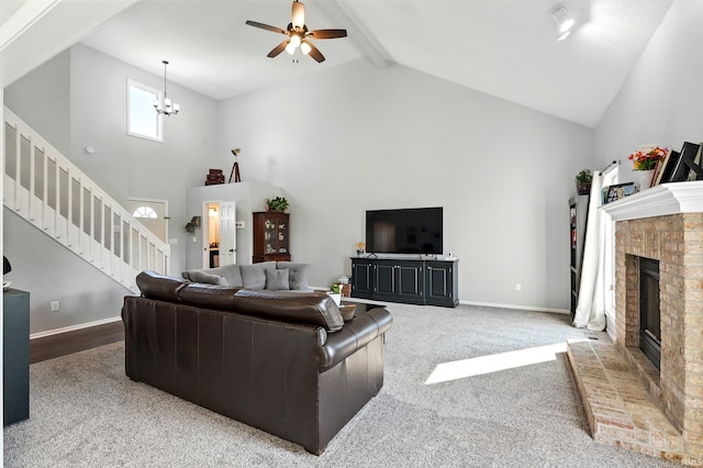 10412 Kentfield Pl, Fort Wayne, IN 46818 - carpeted living area featuring high vaulted ceiling, stairway, a brick fireplace, ceiling fan, and beam ceiling