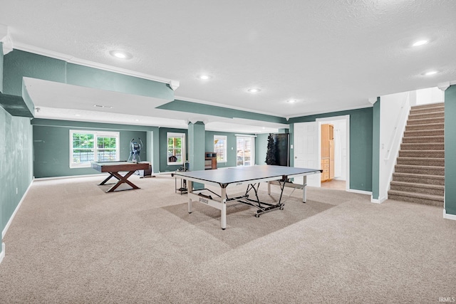 3549 S Wickens St, Bloomington, IN 47403 - playroom with crown molding, carpet floors, recessed lighting, and a textured ceiling
