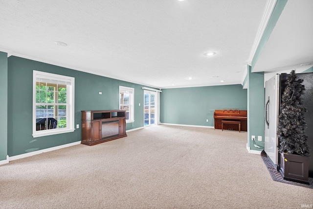 3549 S Wickens St, Bloomington, IN 47403 - unfurnished living room featuring light carpet, ornamental molding, recessed lighting, and a textured ceiling