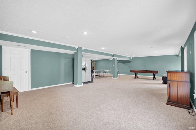3549 S Wickens St, Bloomington, IN 47403 - rec room featuring carpet, billiards, ornamental molding, and recessed lighting