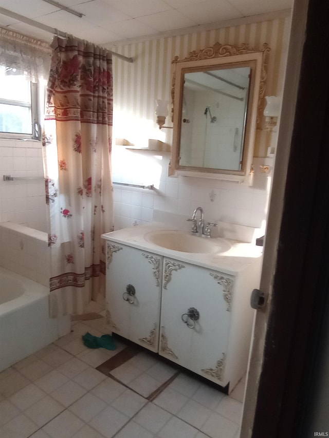 1340 Broadway St, Vincennes, IN 47591 - bathroom with vanity, tile patterned flooring, shower / bath combo with shower curtain, and wallpapered walls
