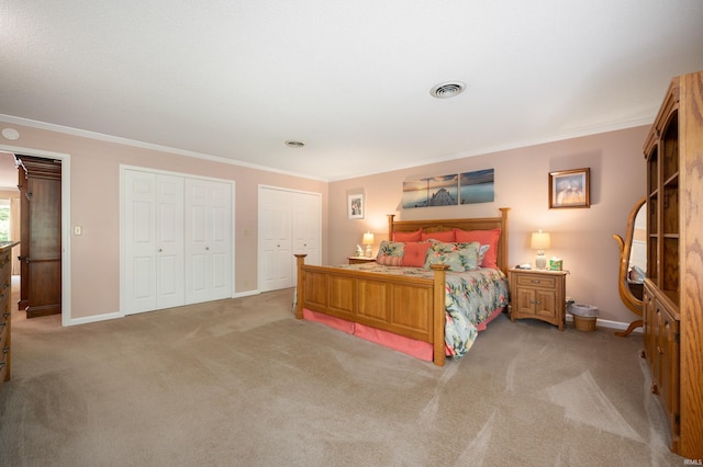 4501 N Wheeling Ave Unit 12-5, Muncie, IN 47304 - bedroom featuring ornamental molding, two closets, and carpet