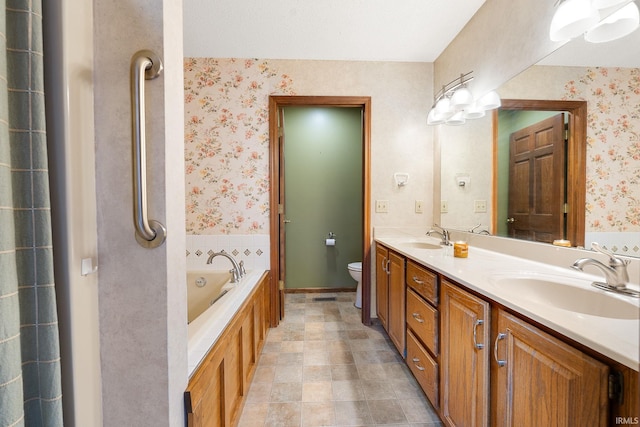 10028 Winding Shores Dr, New Haven, IN 46774 - full bathroom with wallpapered walls, double vanity, a garden tub, and tile patterned floors