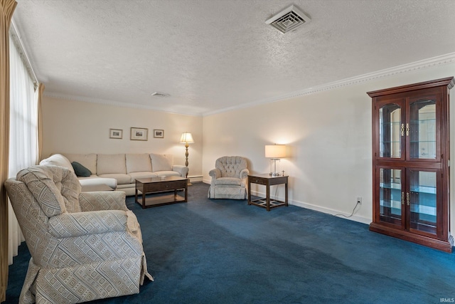 115 N Varsity Dr, South Bend, IN 46615 - living room featuring dark carpet, a textured ceiling, crown molding, and a baseboard radiator