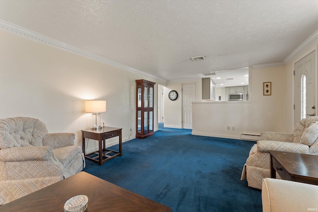 115 N Varsity Dr, South Bend, IN 46615 - living room with a textured ceiling, crown molding, dark carpet, and baseboard heating