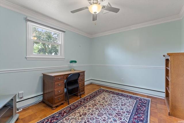 115 N Varsity Dr, South Bend, IN 46615 - office space featuring a baseboard heating unit, crown molding, and a ceiling fan