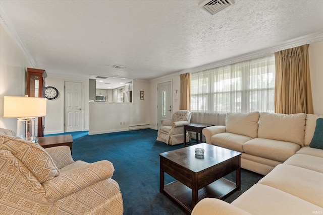 115 N Varsity Dr, South Bend, IN 46615 - carpeted living room featuring baseboard heating, crown molding, and a textured ceiling
