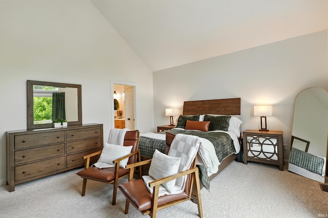 12733 Covington Manor Farms Rd, Fort Wayne, IN 46814 - bedroom featuring high vaulted ceiling, light carpet, and ensuite bathroom