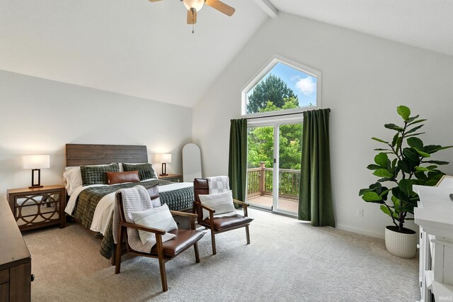 12733 Covington Manor Farms Rd, Fort Wayne, IN 46814 - bedroom featuring access to outside, light carpet, beamed ceiling, a ceiling fan, and high vaulted ceiling