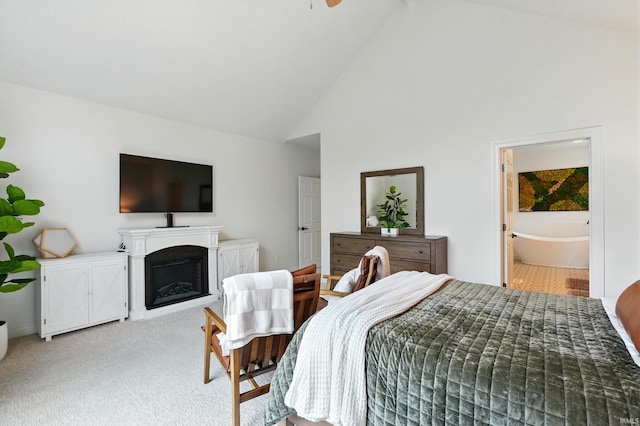 12733 Covington Manor Farms Rd, Fort Wayne, IN 46814 - bedroom with high vaulted ceiling, a fireplace, ensuite bathroom, and light carpet