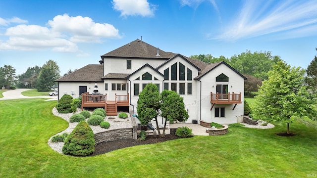 12733 Covington Manor Farms Rd, Fort Wayne, IN 46814 - back of house with a wooden deck, a yard, a shingled roof, and a patio area