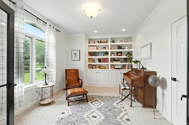 12733 Covington Manor Farms Rd, Fort Wayne, IN 46814 - living area with carpet, plenty of natural light, ornamental molding, built in shelves, and recessed lighting